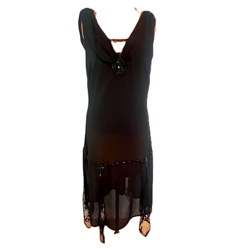 Unique Vintage Flapper Style Dress 2X Black Beaded Sleeveless Lace Sequins Jewel - Picture 14 of 14